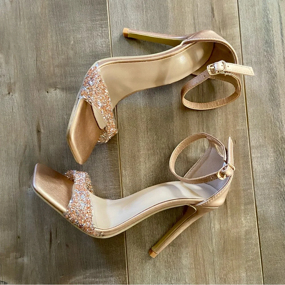 Open Toe Ankle Strap Rhinestone Band Dress Sandal Stiletto High Heel in Gold
